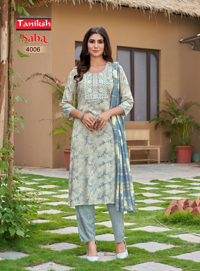 Saba Vol 4 By Taniksh Rayon Foil Printed Kurti With Bottom Dupatta Wholesale Price In Surat
